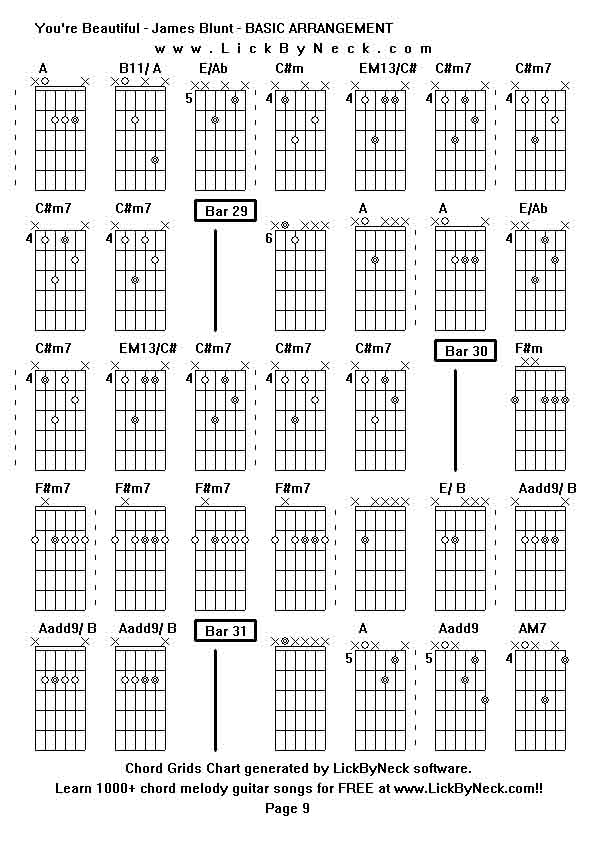 Chord Grids Chart of chord melody fingerstyle guitar song-You're Beautiful - James Blunt - BASIC ARRANGEMENT,generated by LickByNeck software.